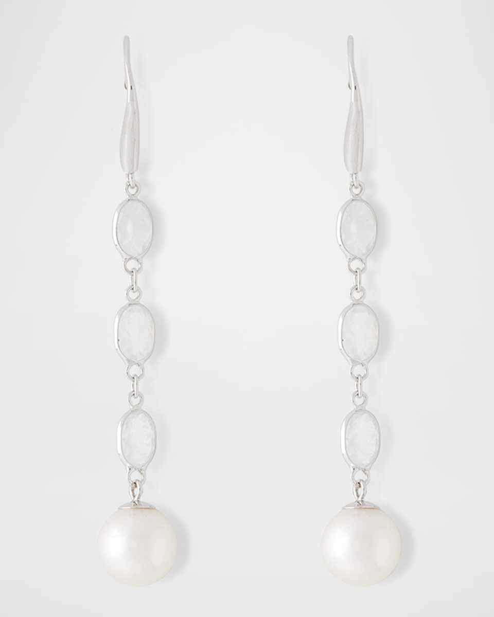 18K White Gold Oval Moonstone and 8mm Akoya Pearl Drop Earrings